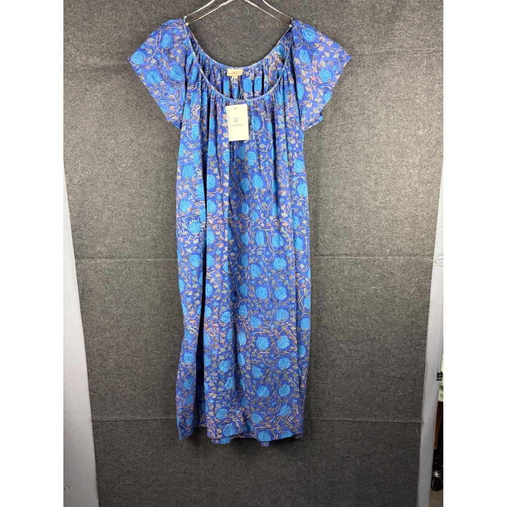 Anokhi Blue Floral Block Print Cotton Dress Womens M/L India Boho NWT